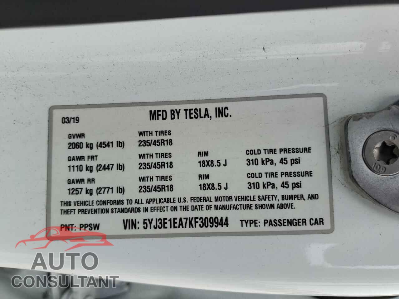 TESLA MODEL 3 2019 - 5YJ3E1EA7KF309944