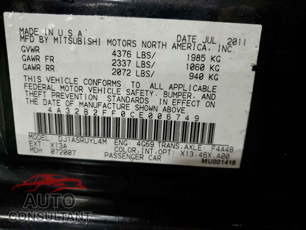 MITSUBISHI GALANT 2012 - 4A32B2FF0CE006749
