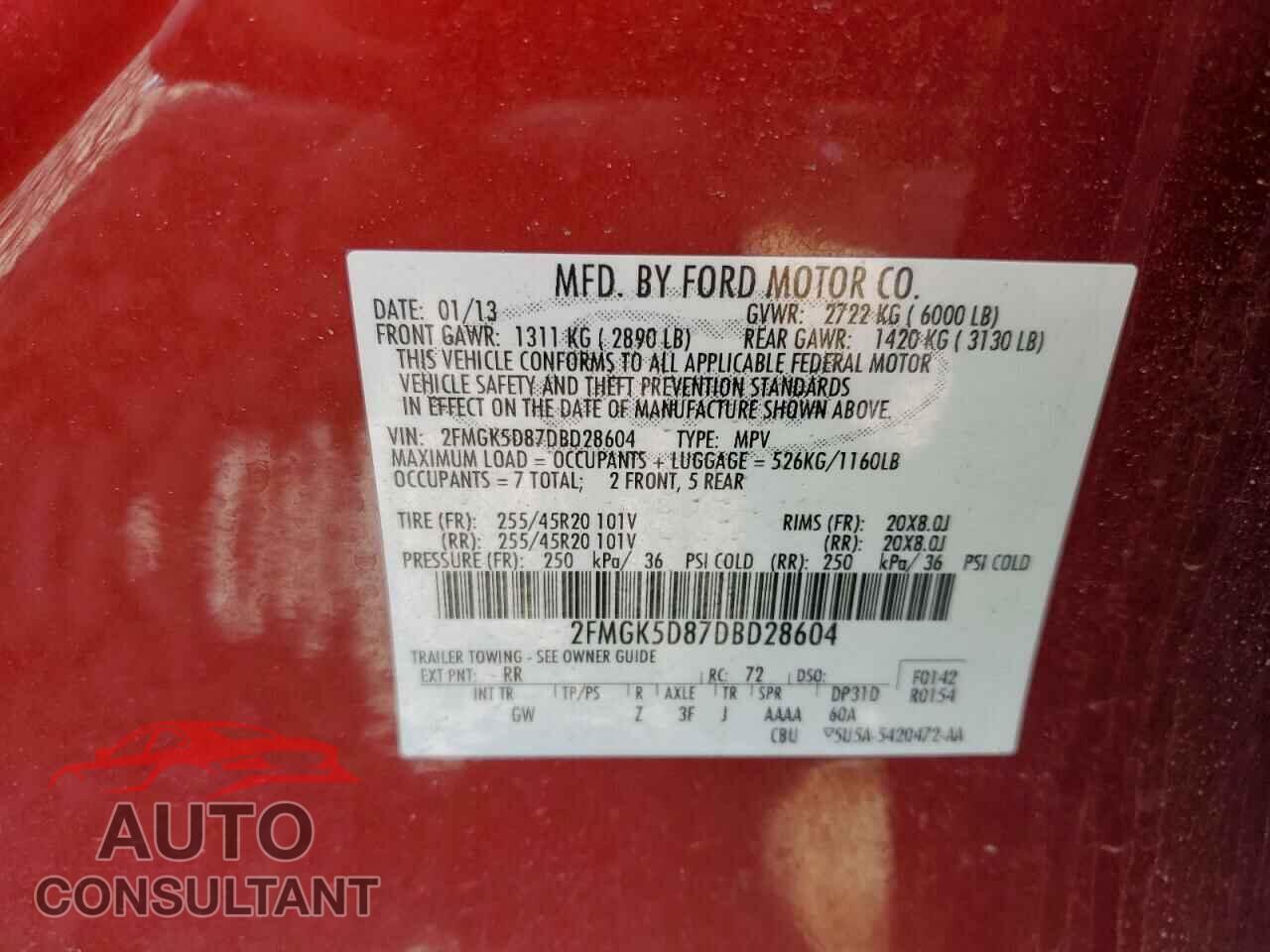 FORD FLEX 2013 - 2FMGK5D87DBD28604