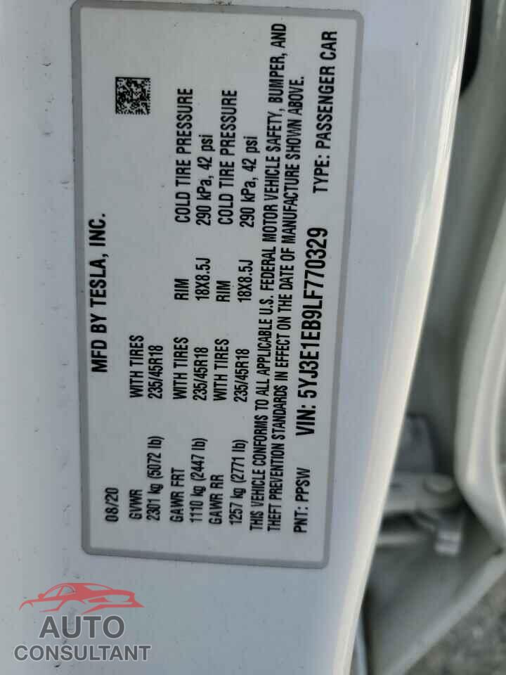 TESLA MODEL 3 2020 - 5YJ3E1EB9LF770329