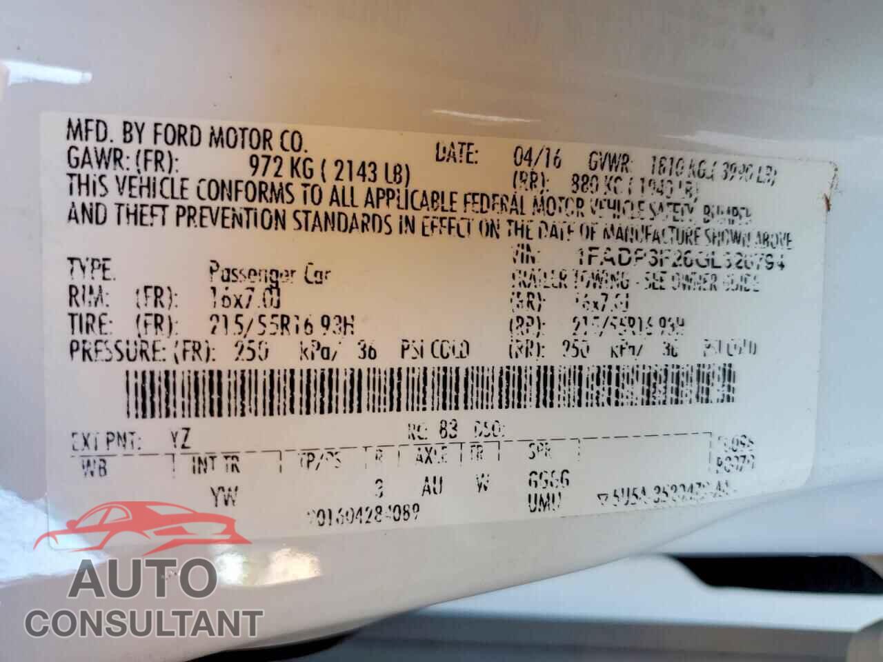 FORD FOCUS 2016 - 1FADP3F26GL326794