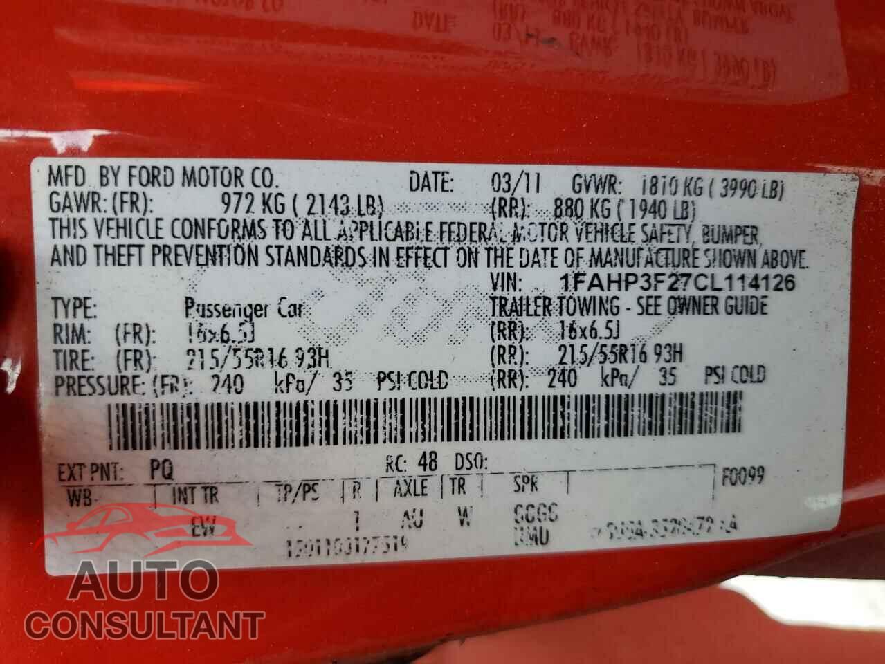 FORD FOCUS 2012 - 1FAHP3F27CL114126