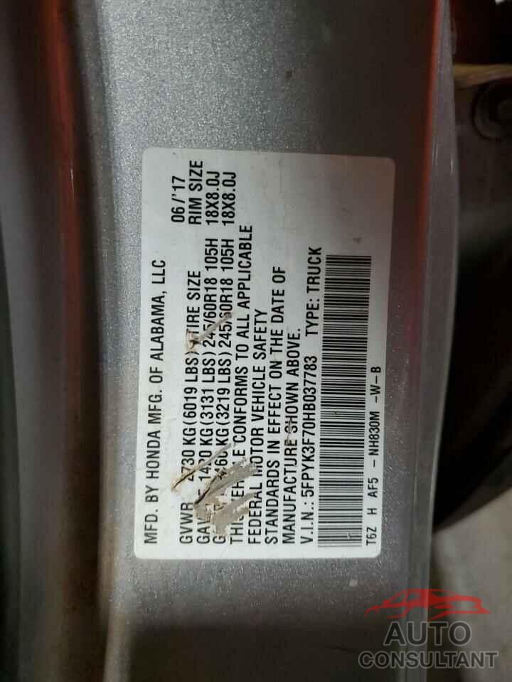 HONDA RIDGELINE 2017 - 5FPYK3F70HB037783