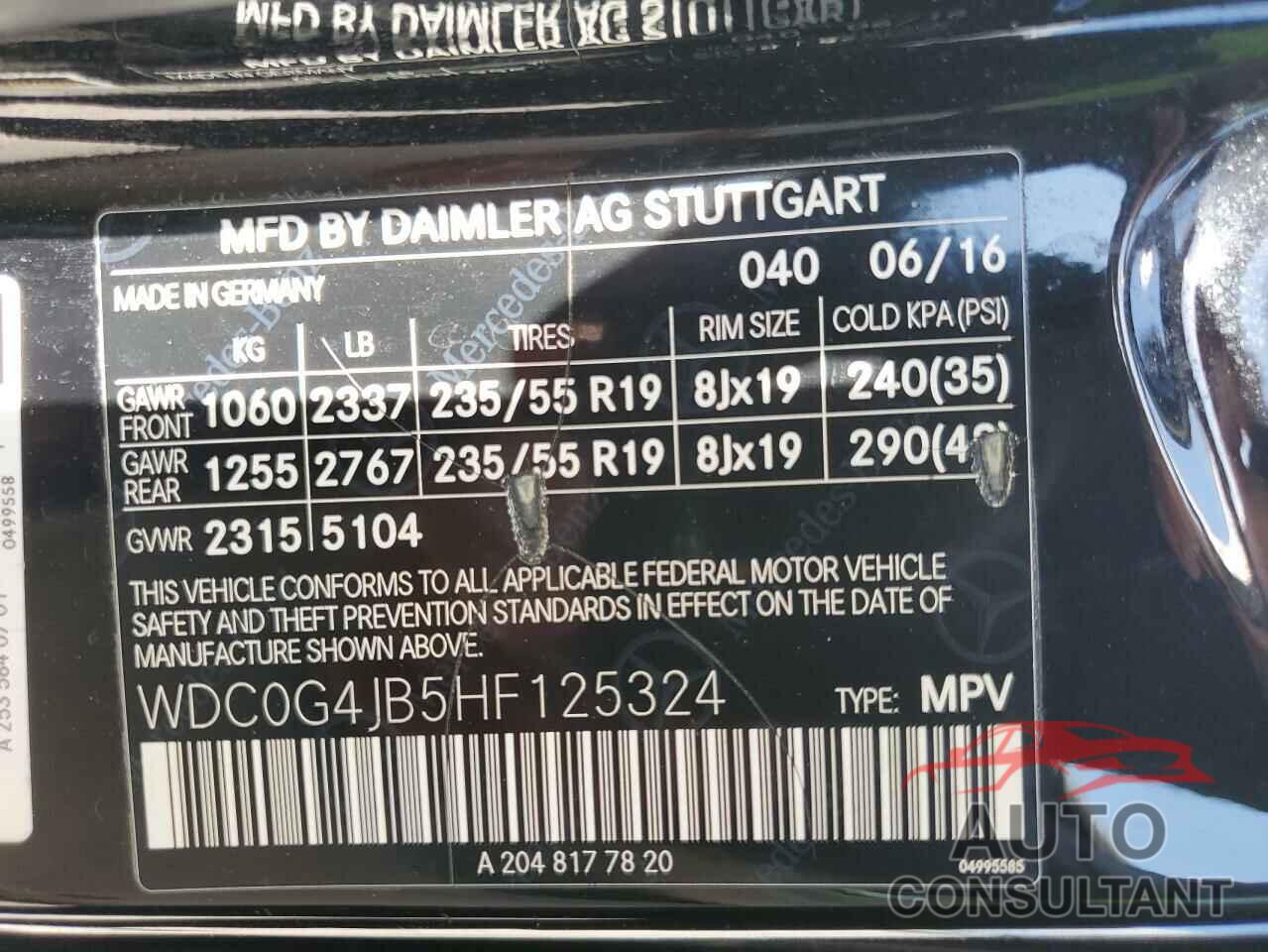 MERCEDES-BENZ GLC-CLASS 2017 - WDC0G4JB5HF125324