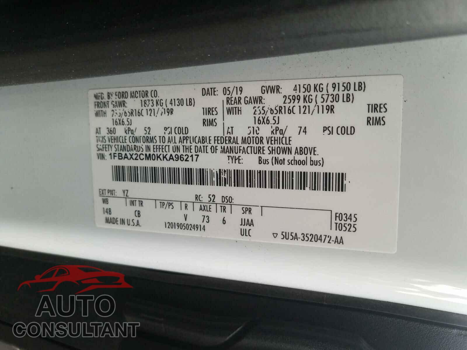 FORD TRANSIT CO 2019 - 1FBAX2CM0KKA96217