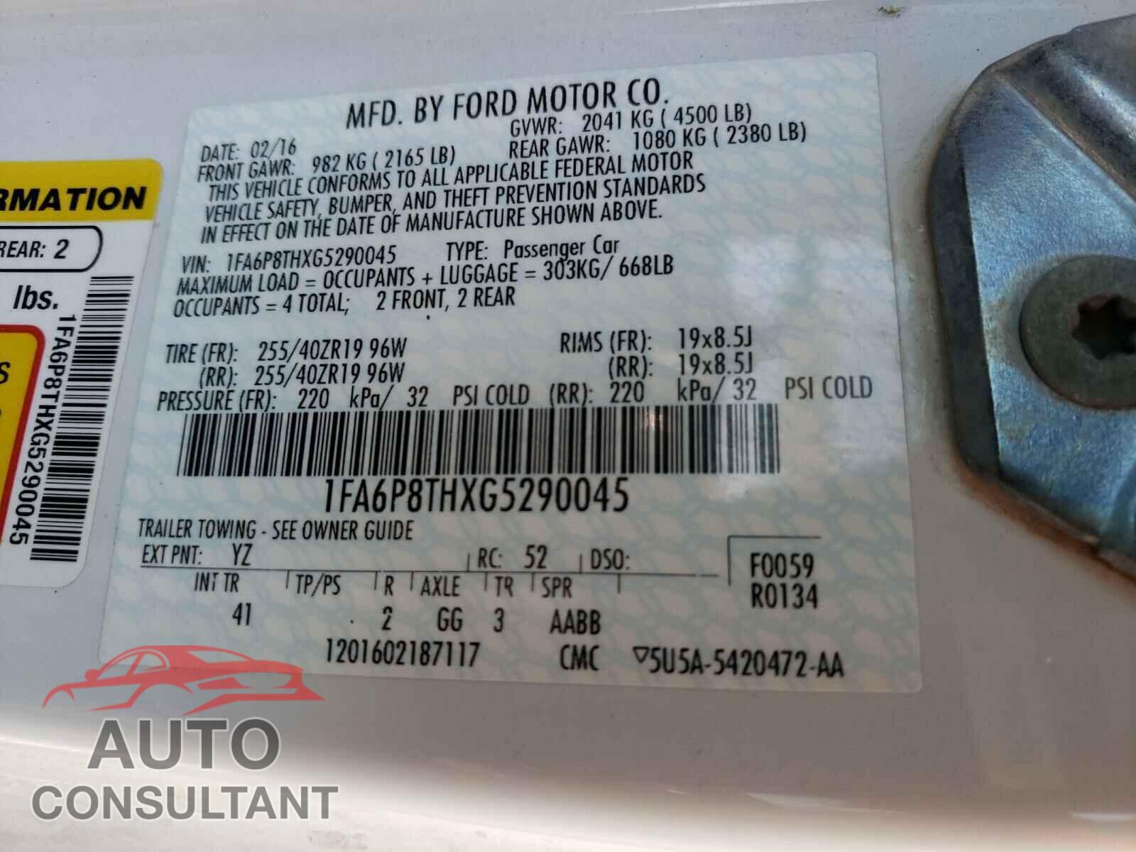 FORD MUSTANG 2016 - 1FA6P8THXG5290045