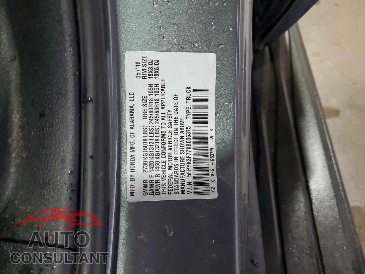 HONDA RIDGELINE 2019 - 5FPYK3F77KB006375