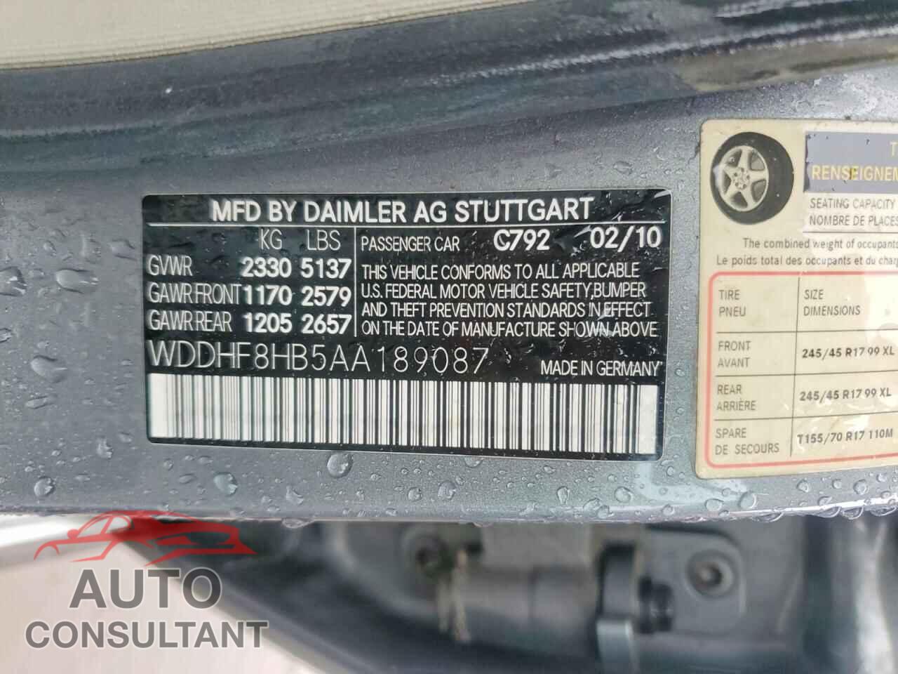 MERCEDES-BENZ E-CLASS 2010 - WDDHF8HB5AA189087