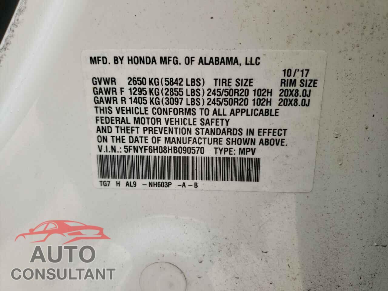 HONDA PILOT 2017 - 5FNYF6H08HB090570