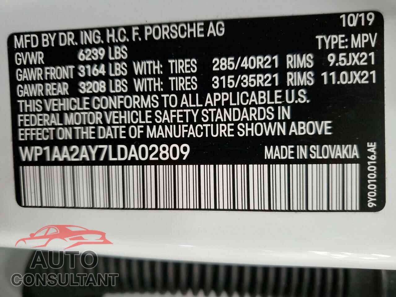 PORSCHE CAYENNE 2020 - WP1AA2AY7LDA02809