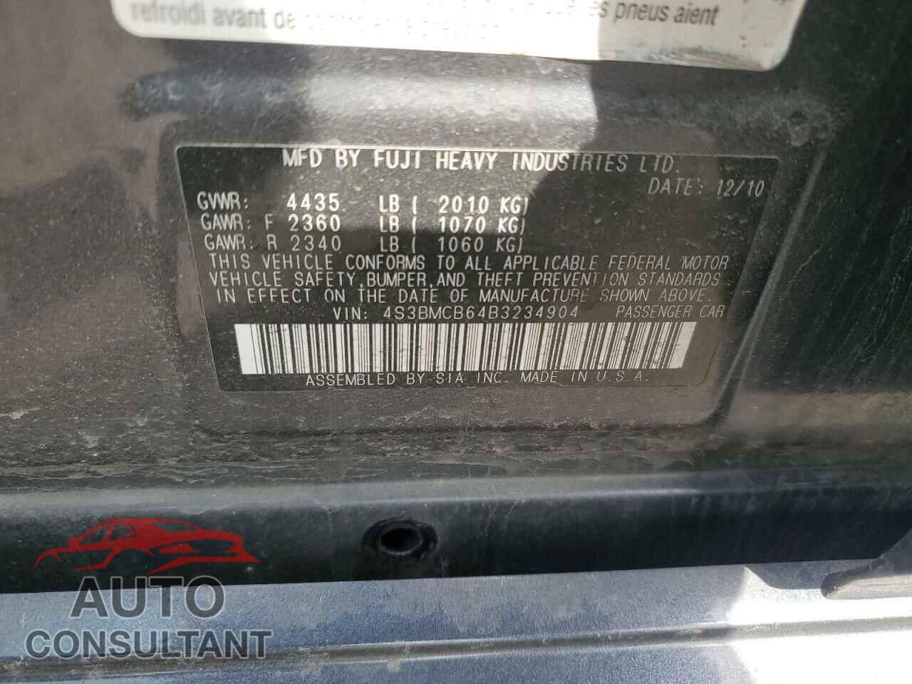 SUBARU LEGACY 2011 - 4S3BMCB64B3234904