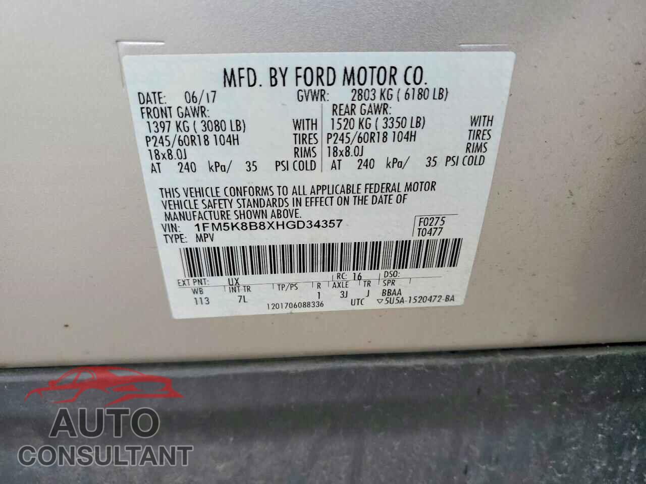 FORD EXPLORER 2017 - 1FM5K8B8XHGD34357