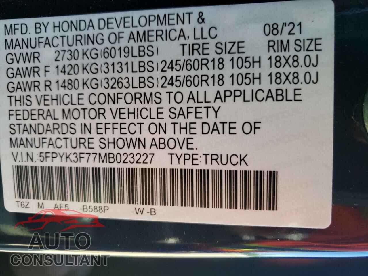 HONDA RIDGELINE 2021 - 5FPYK3F77MB023227