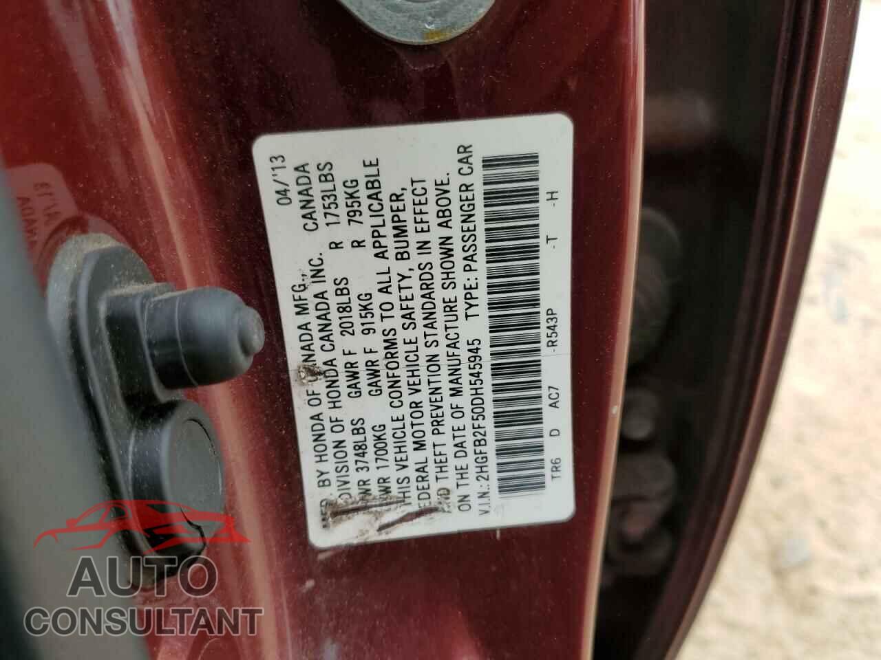 HONDA CIVIC 2013 - 2HGFB2F50DH545945