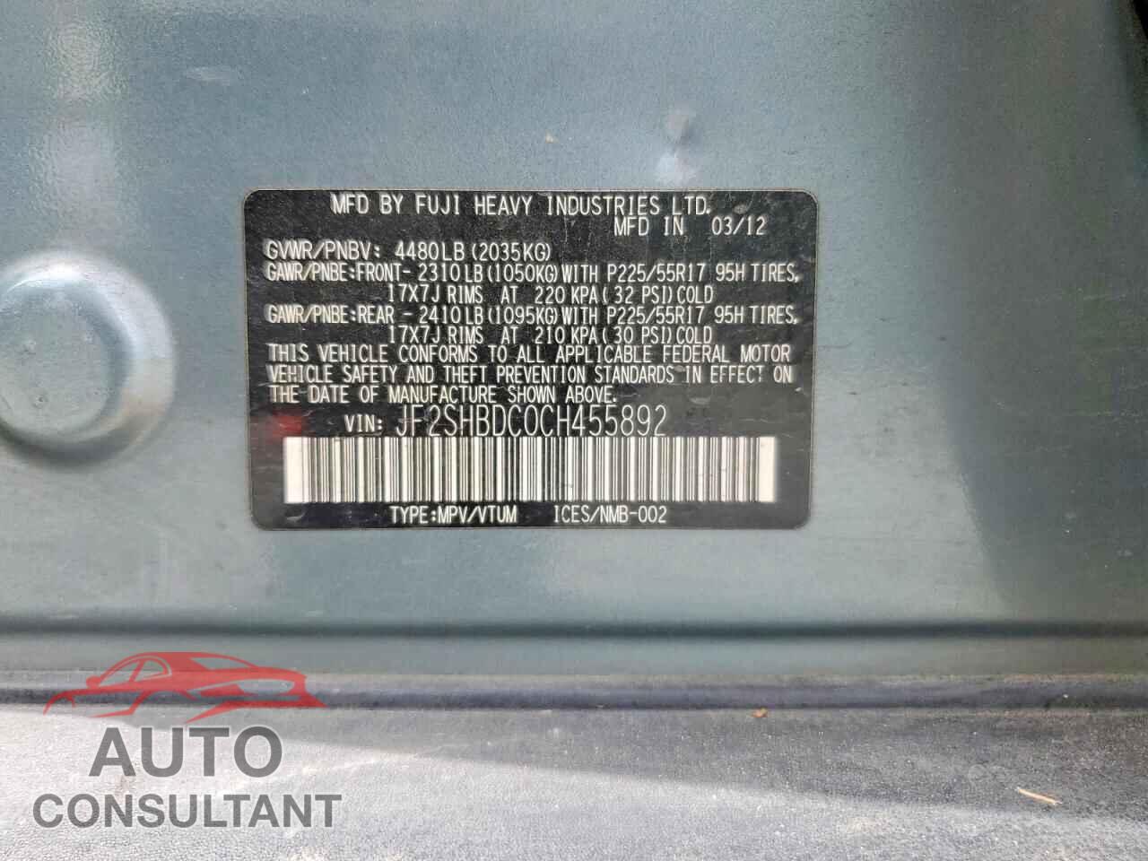 SUBARU FORESTER 2012 - JF2SHBDC0CH455892
