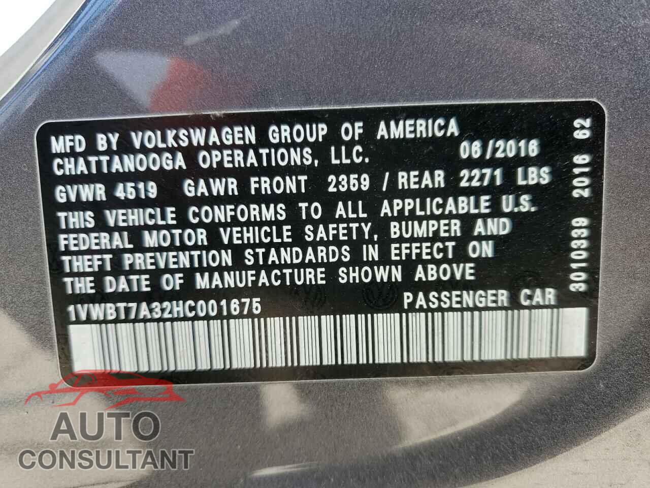 VOLKSWAGEN PASSAT 2017 - 1VWBT7A32HC001675