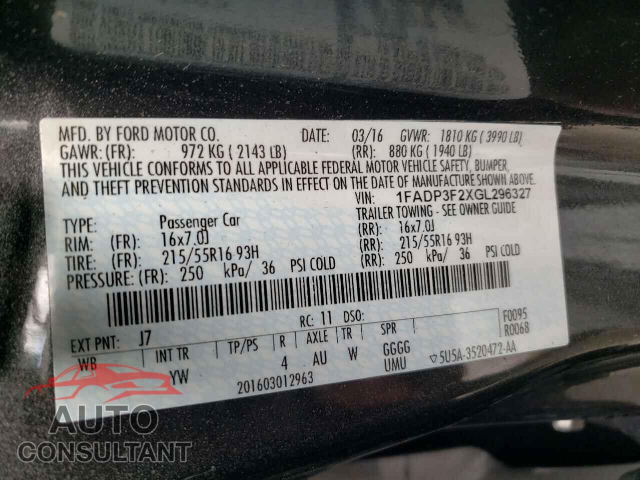 FORD FOCUS 2016 - 1FADP3F2XGL296327