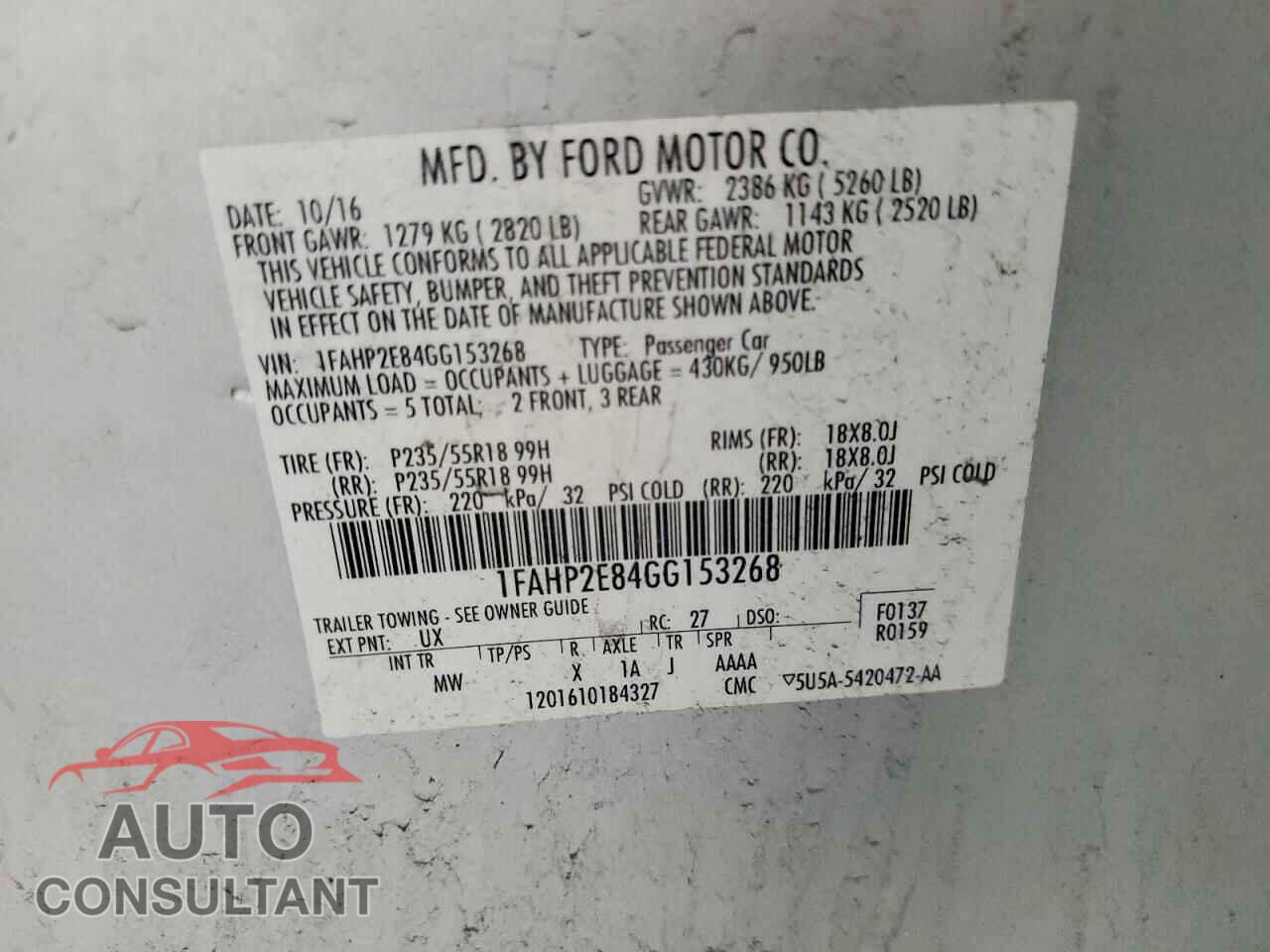 FORD TAURUS 2016 - 1FAHP2E84GG153268