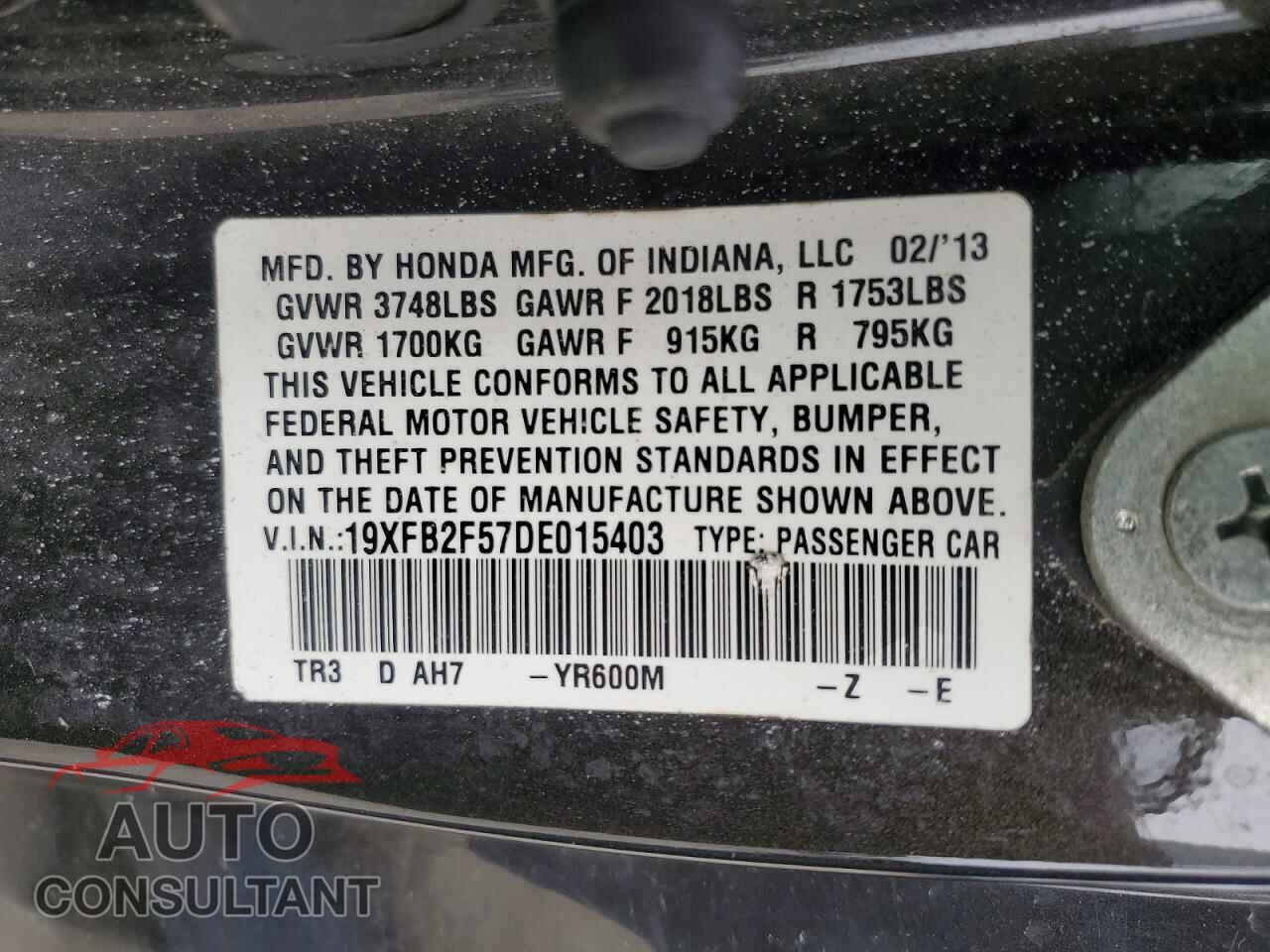 HONDA CIVIC 2013 - 19XFB2F57DE015403