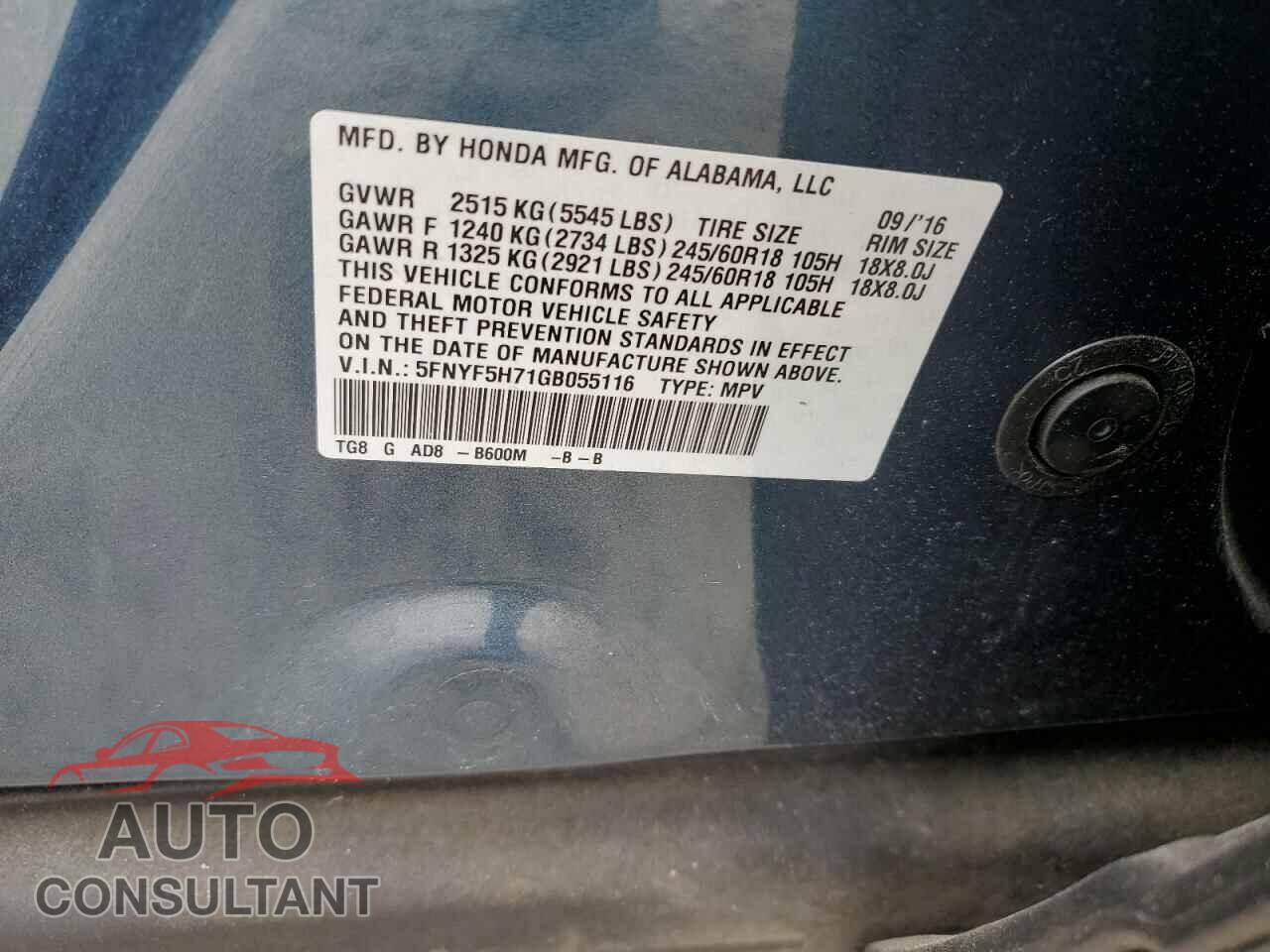 HONDA PILOT 2016 - 5FNYF5H71GB055116