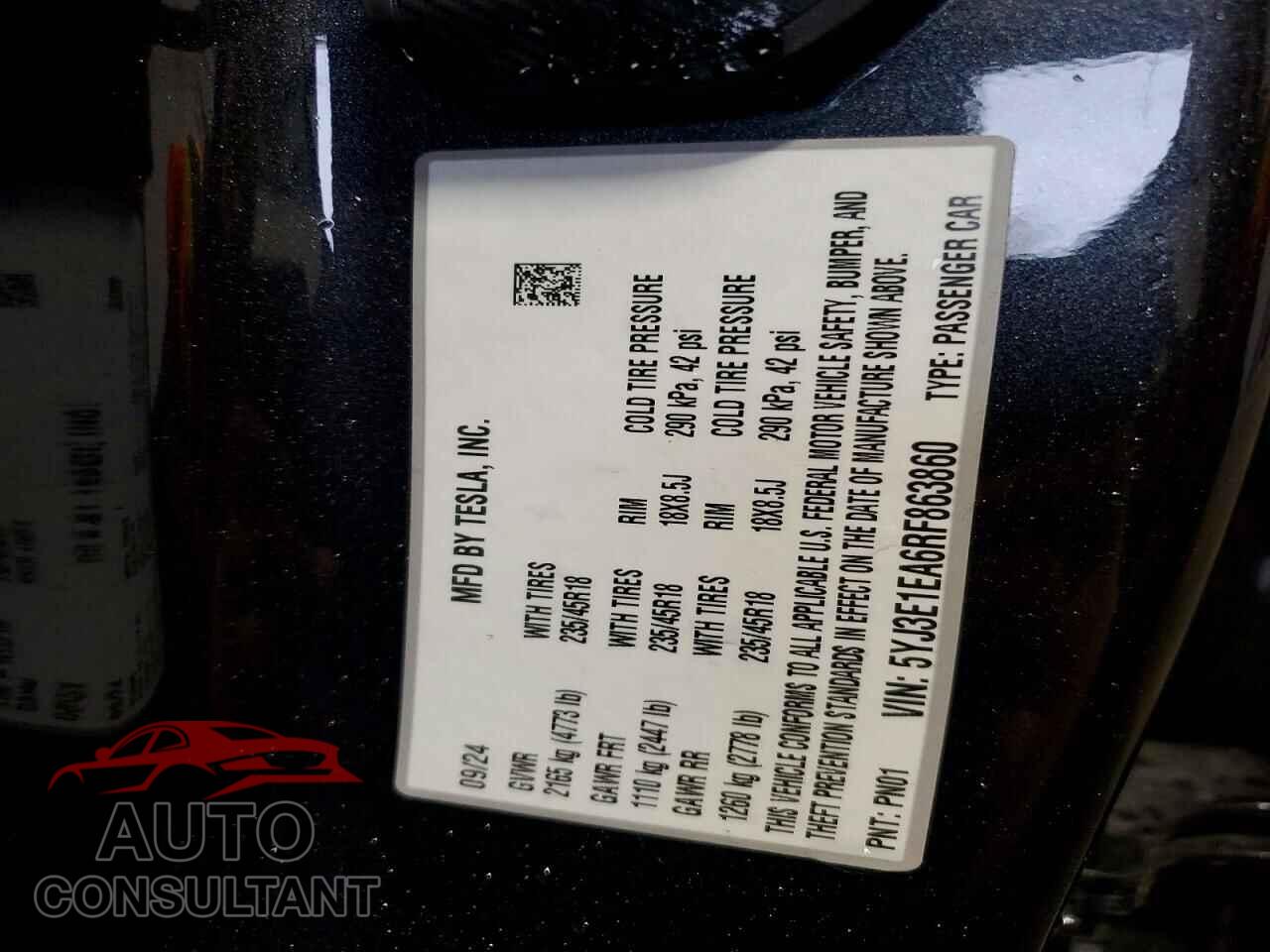 TESLA MODEL 3 2024 - 5YJ3E1EA6RF863860