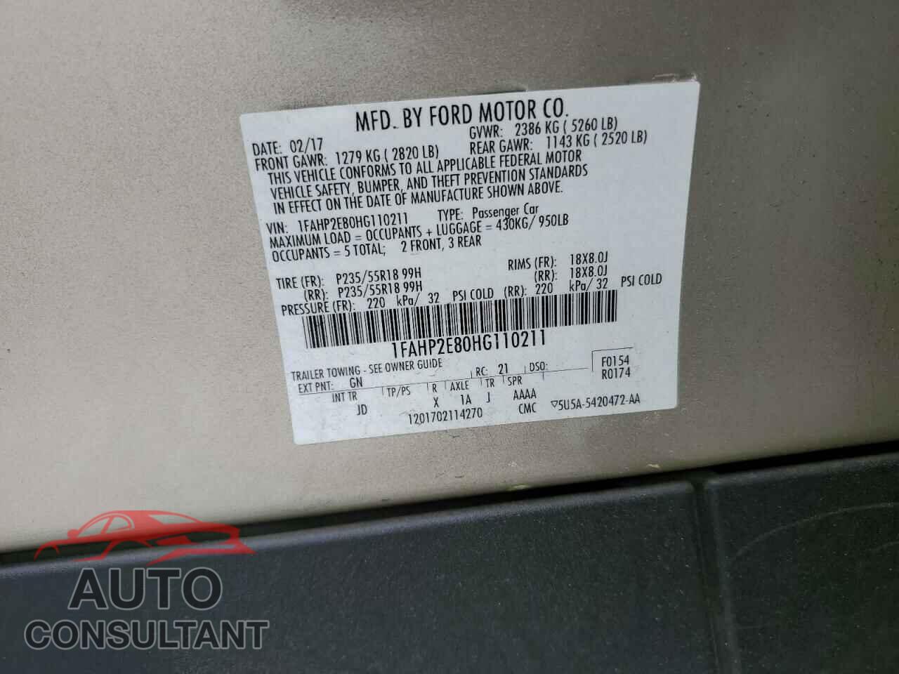 FORD TAURUS 2017 - 1FAHP2E80HG110211