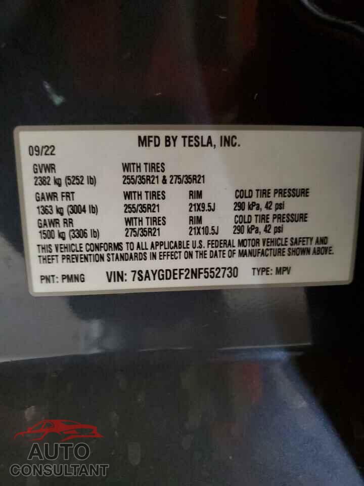 TESLA MODEL Y 2022 - 7SAYGDEF2NF552730