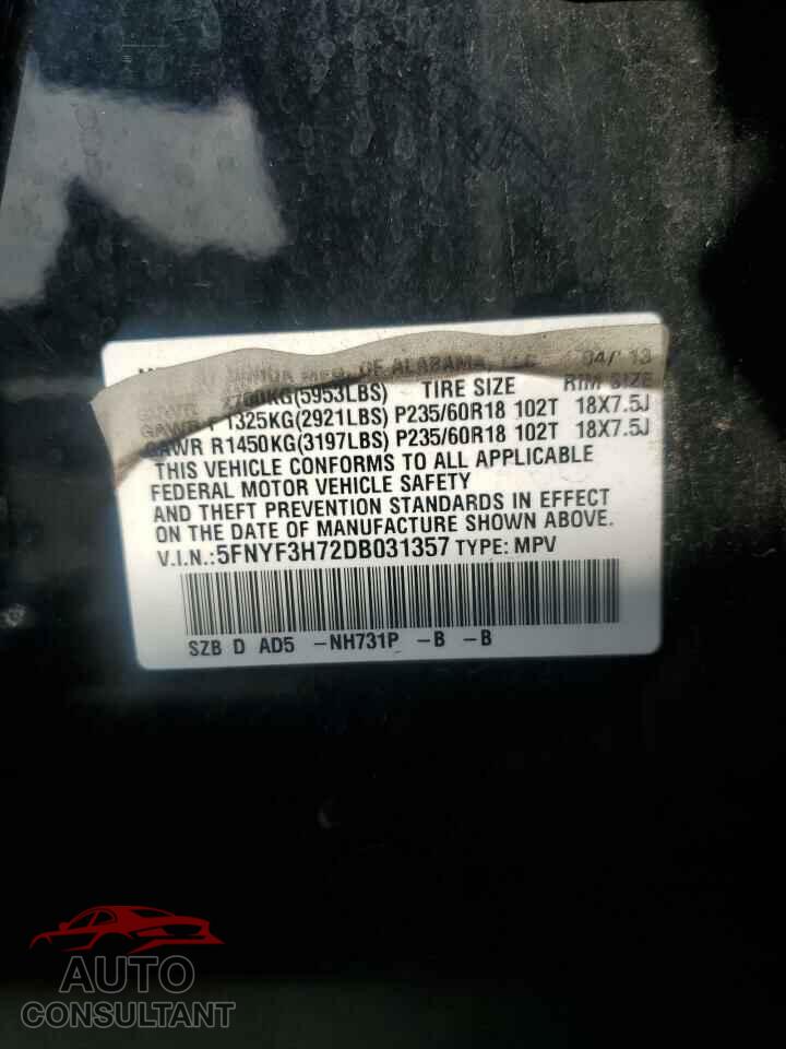 HONDA PILOT 2013 - 5FNYF3H72DB031357