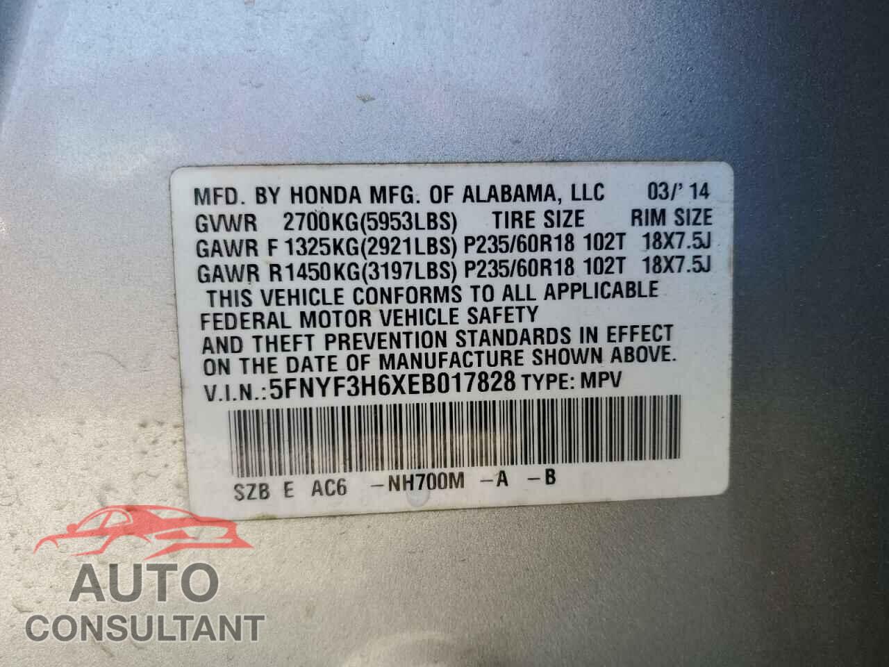 HONDA PILOT 2014 - 5FNYF3H6XEB017828