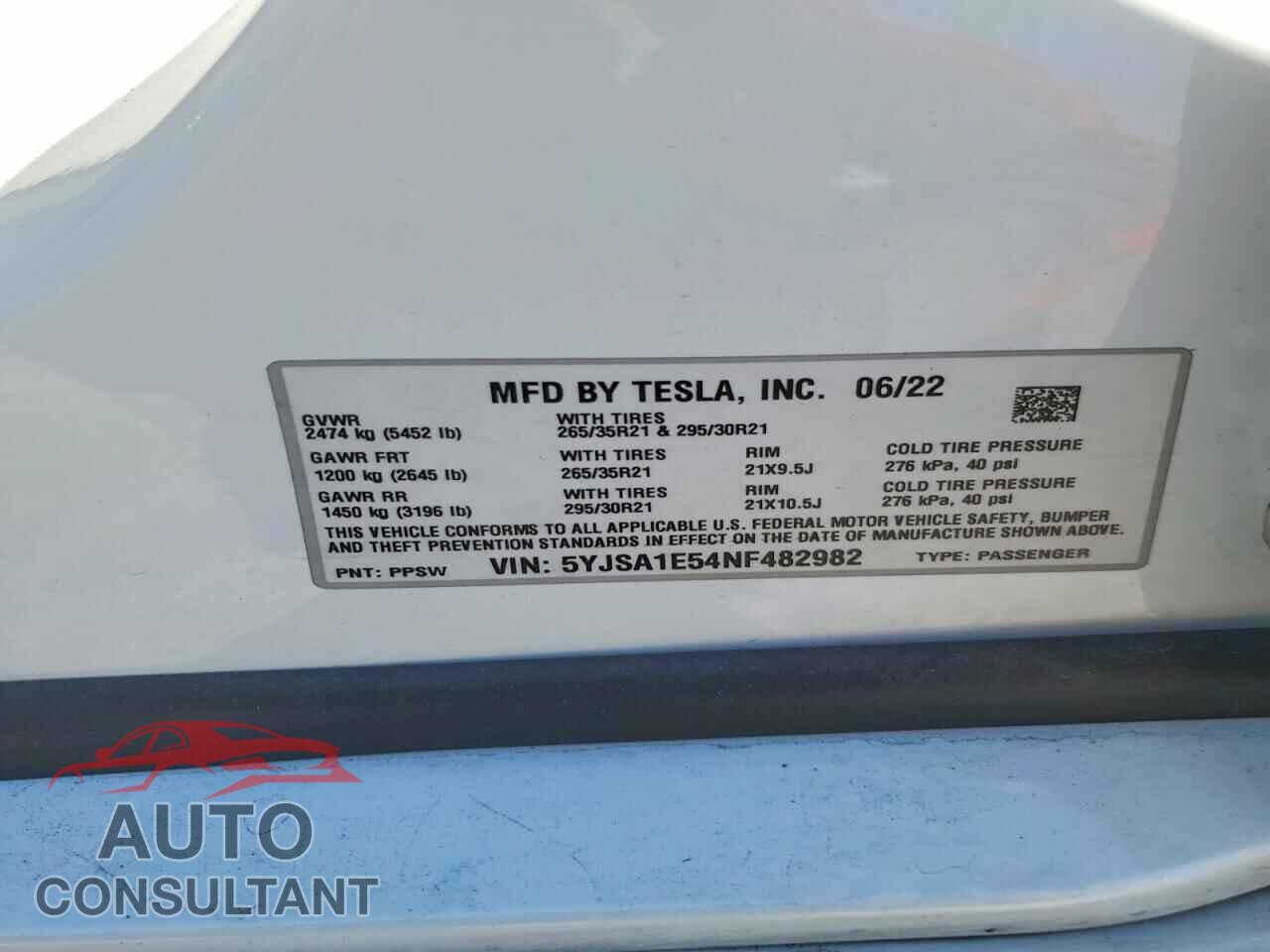 TESLA MODEL S 2022 - 5YJSA1E54NF482982