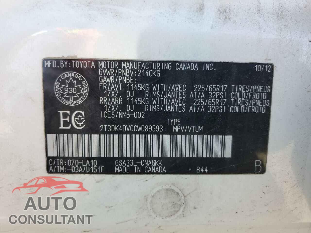 TOYOTA RAV4 2012 - 2T3DK4DV0CW089593