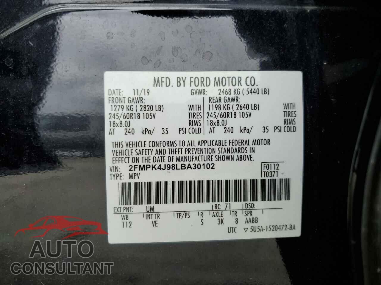 FORD EDGE 2020 - 2FMPK4J98LBA30102