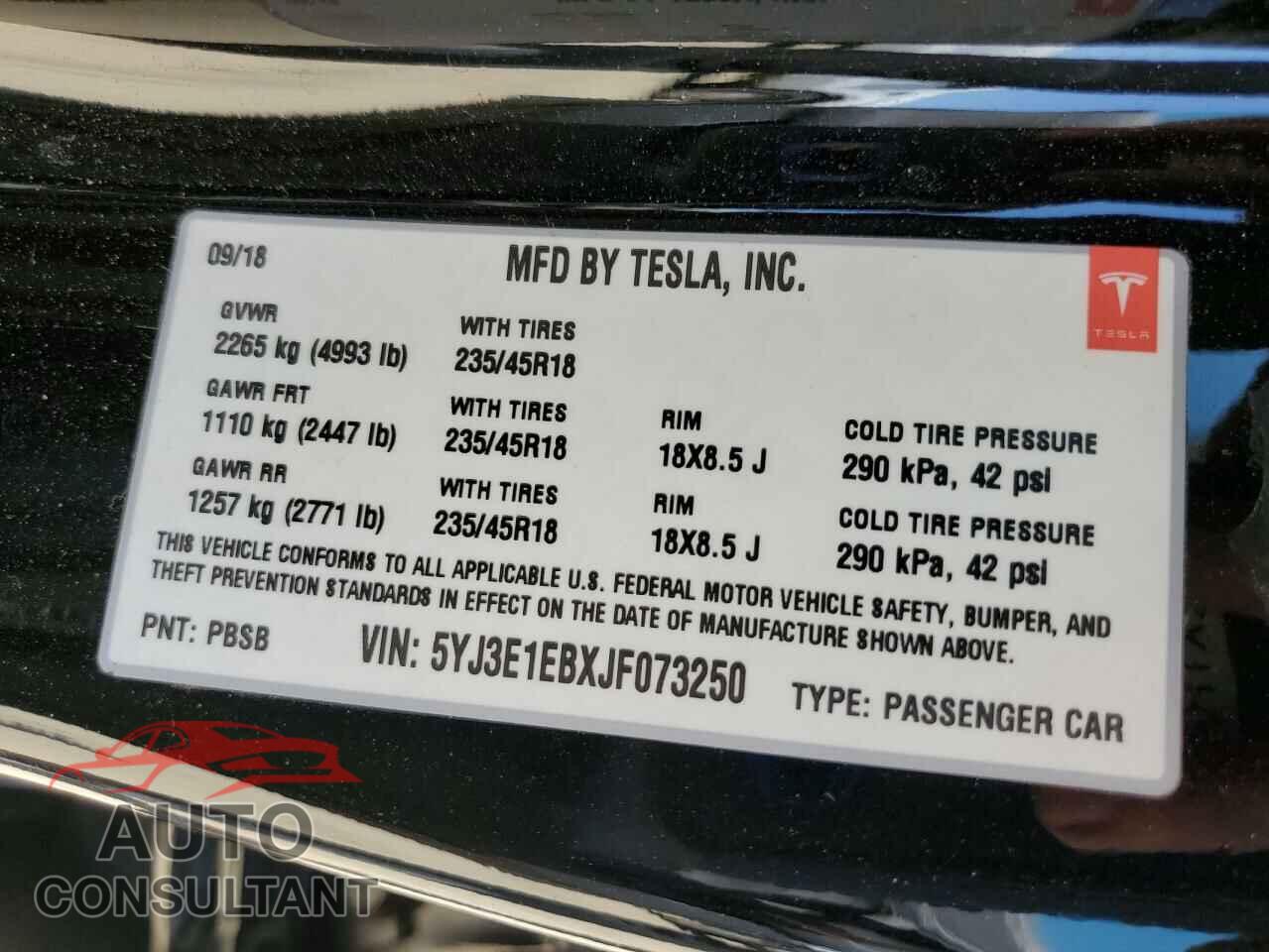 TESLA MODEL 3 2018 - 5YJ3E1EBXJF073250