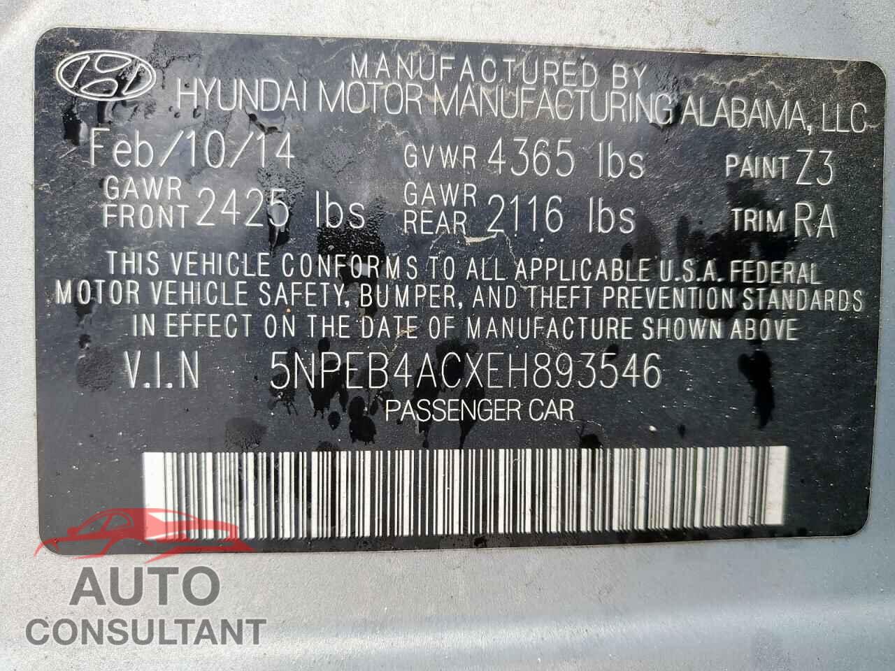HYUNDAI SONATA 2014 - 5NPEB4ACXEH893546