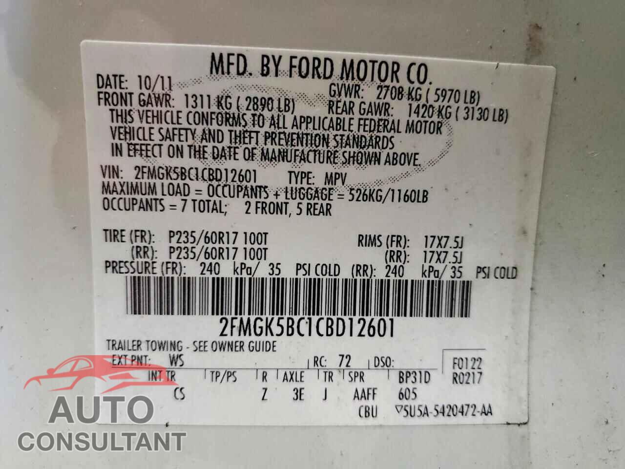 FORD FLEX 2012 - 2FMGK5BC1CBD12601