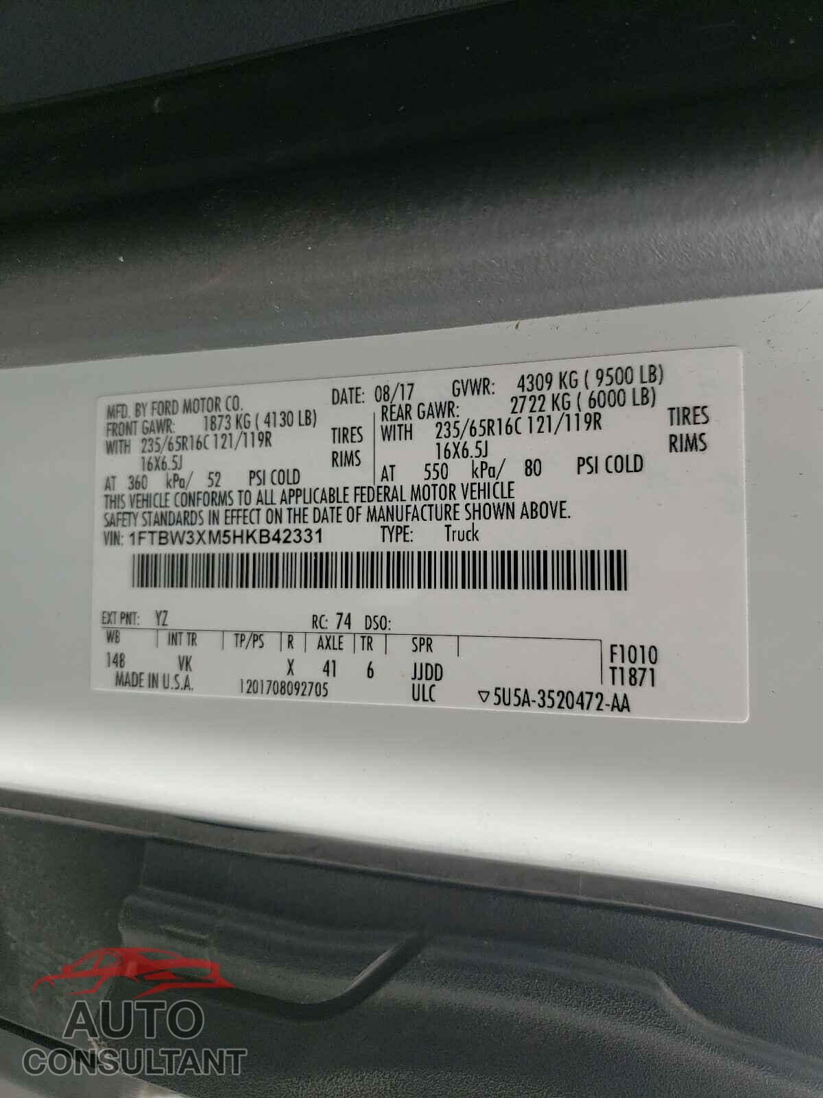FORD TRANSIT CO 2017 - 1FTBW3XM5HKB42331