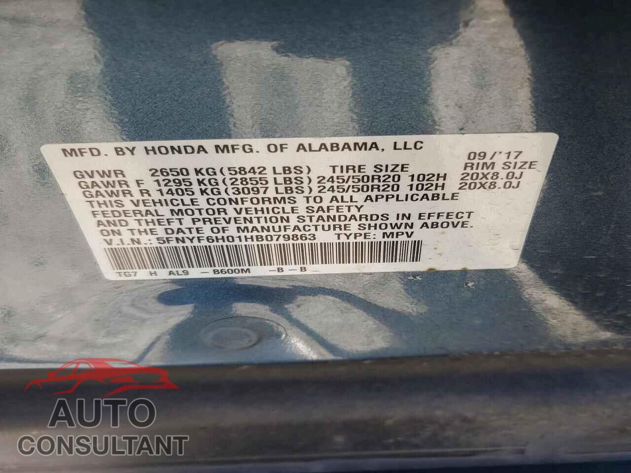 HONDA PILOT 2017 - 5FNYF6H01HB079863