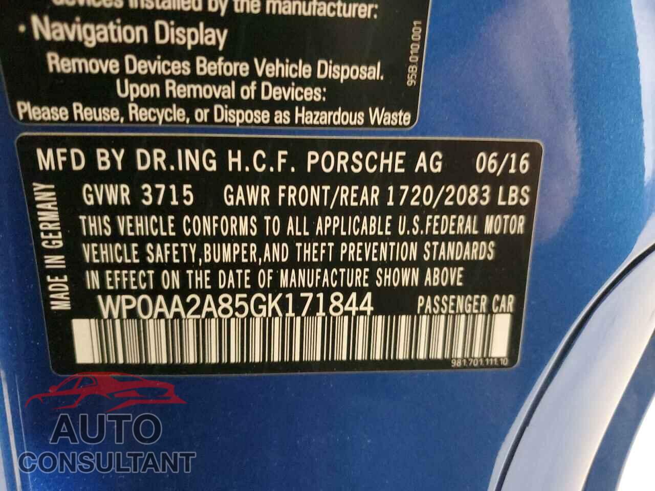 PORSCHE CAYMAN 2016 - WP0AA2A85GK171844