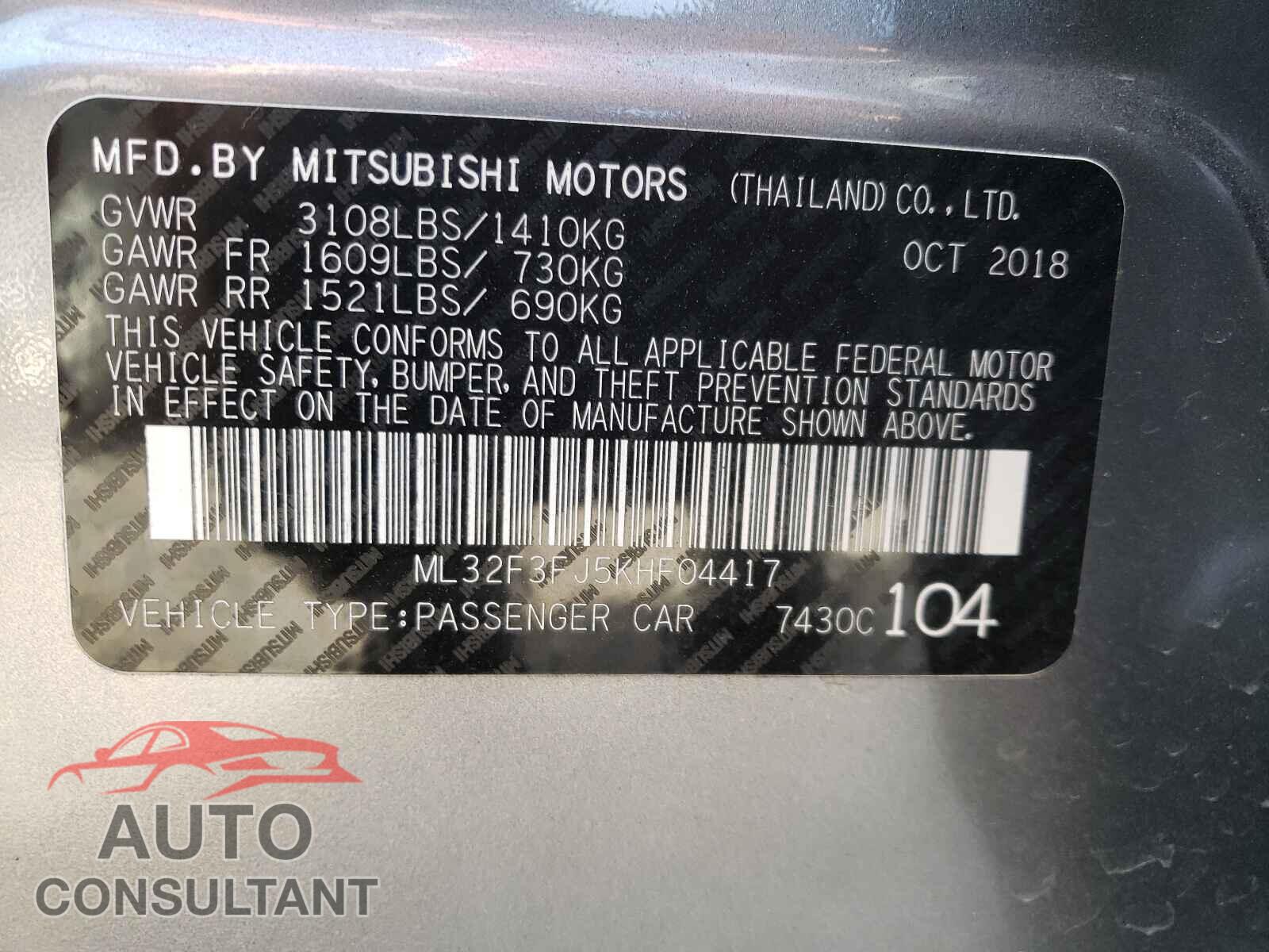 MITSUBISHI MIRAGE 2019 - ML32F3FJ5KHF04417