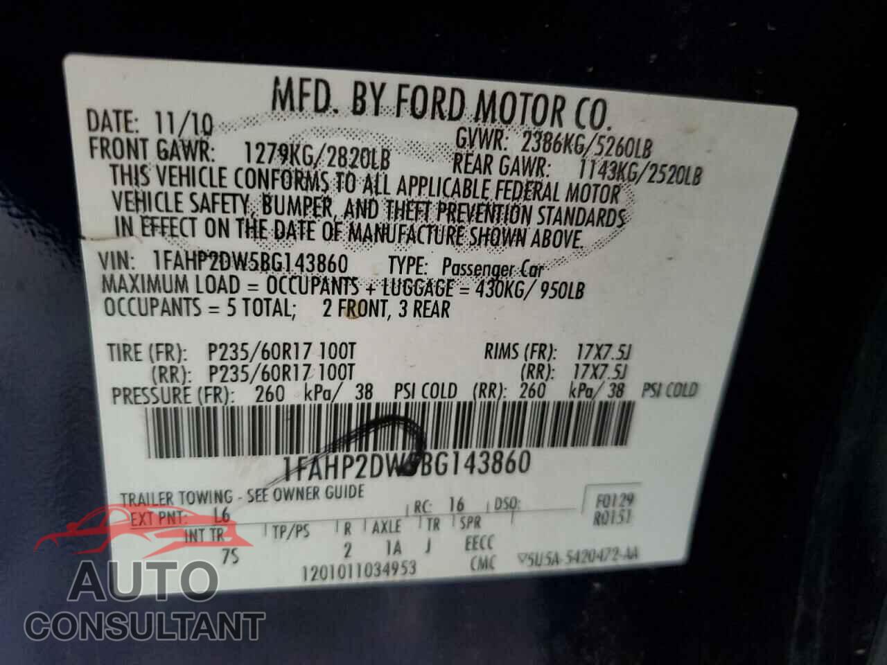 FORD TAURUS 2011 - 1FAHP2DW5BG143860