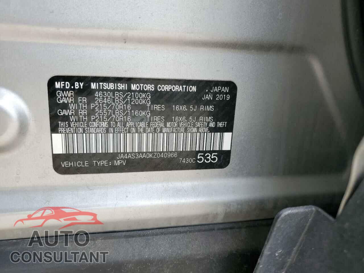 MITSUBISHI ECLIPSE 2019 - JA4AS3AA0KZ040966