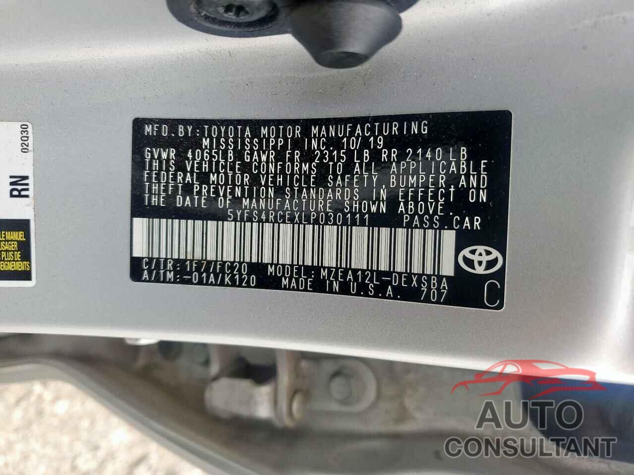 TOYOTA COROLLA 2020 - 5YFS4RCEXLP030111