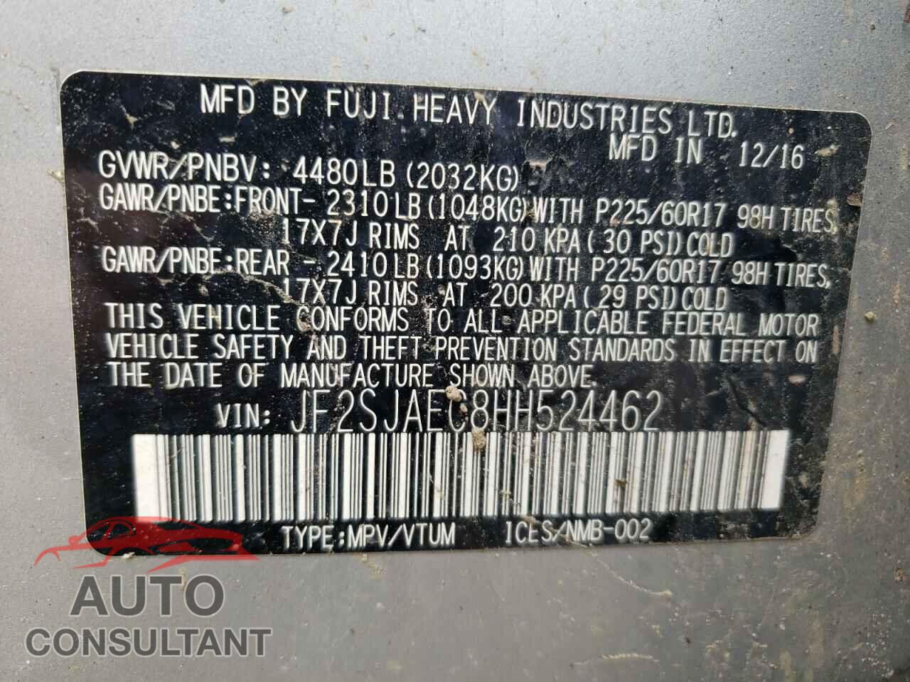 SUBARU FORESTER 2017 - JF2SJAEC8HH524462