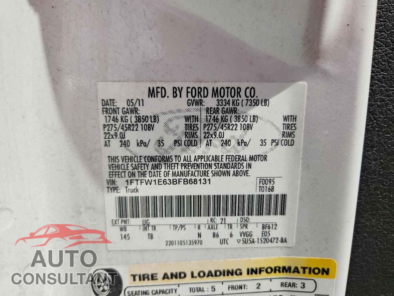 FORD F150 2011 - 1FTFW1E63BFB68131