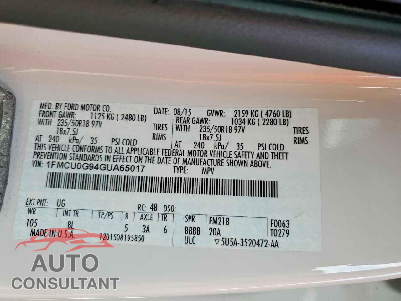 FORD ESCAPE 2016 - 1FMCU0G94GUA65017