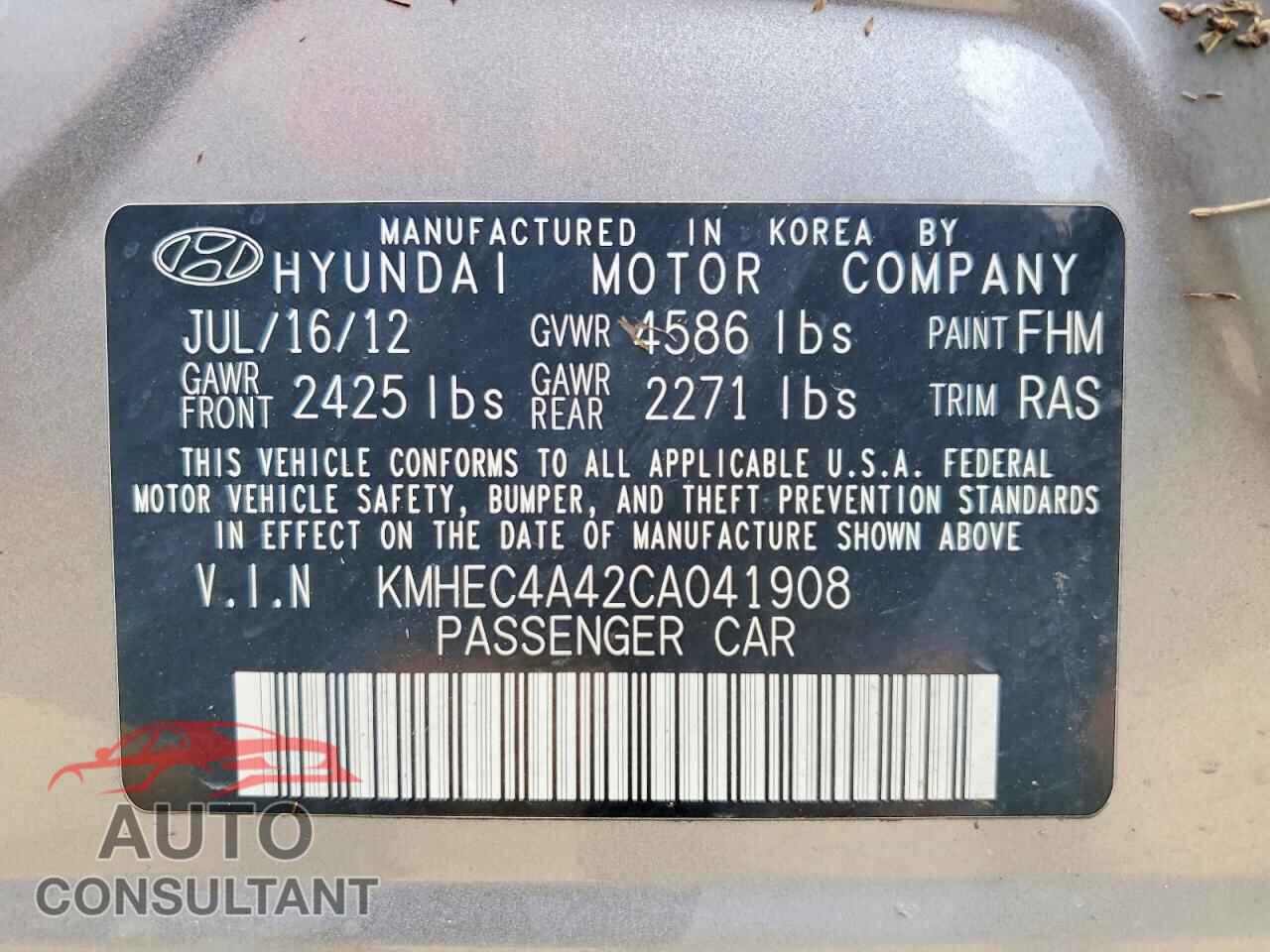 HYUNDAI SONATA 2012 - KMHEC4A42CA041908