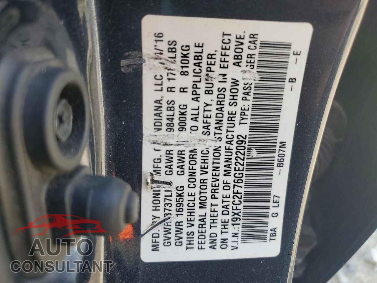 HONDA CIVIC 2016 - 19XFC2F76GE222092