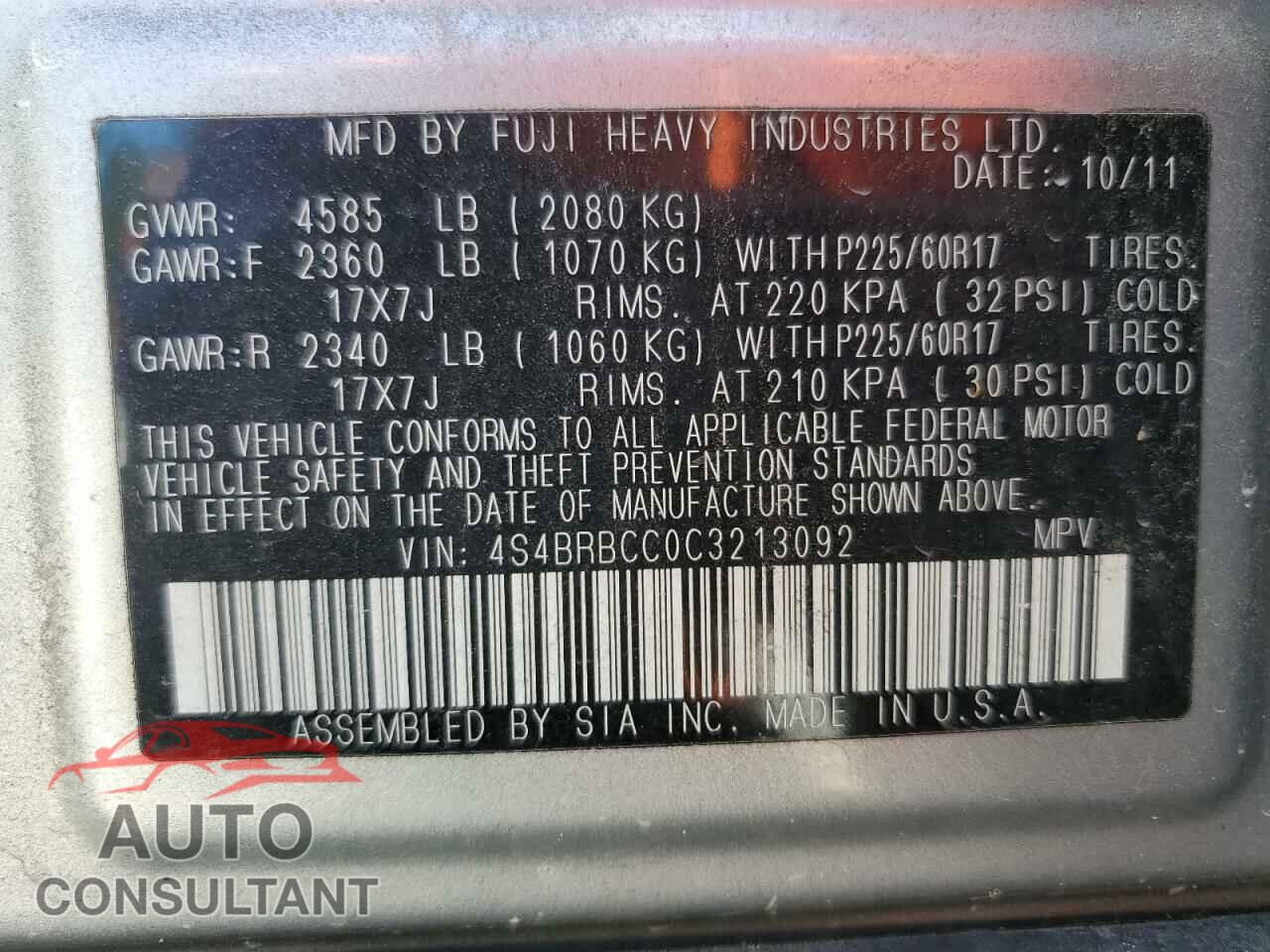 SUBARU OUTBACK 2012 - 4S4BRBCC0C3213092