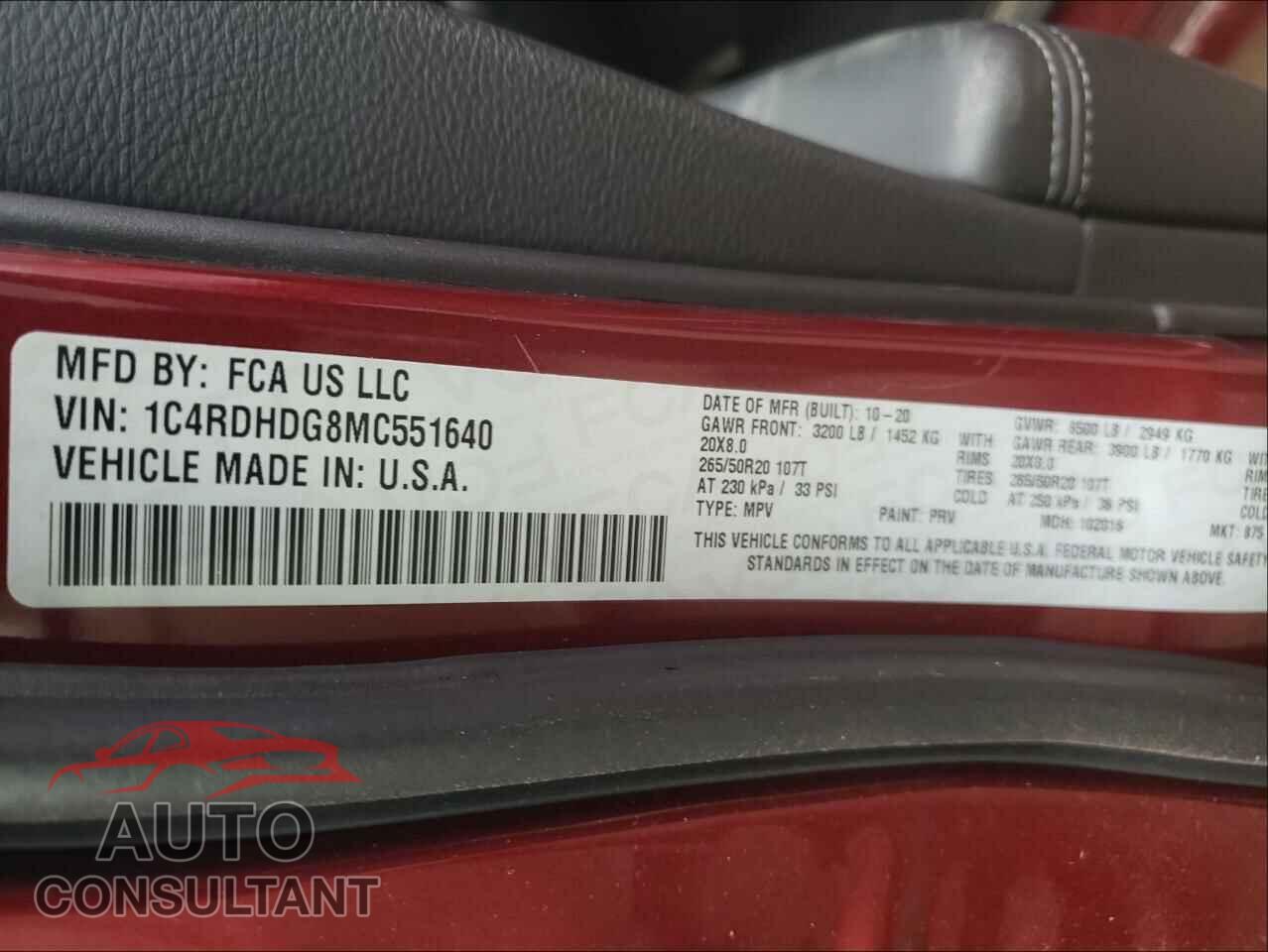 DODGE DURANGO 2021 - 1C4RDHDG8MC551640