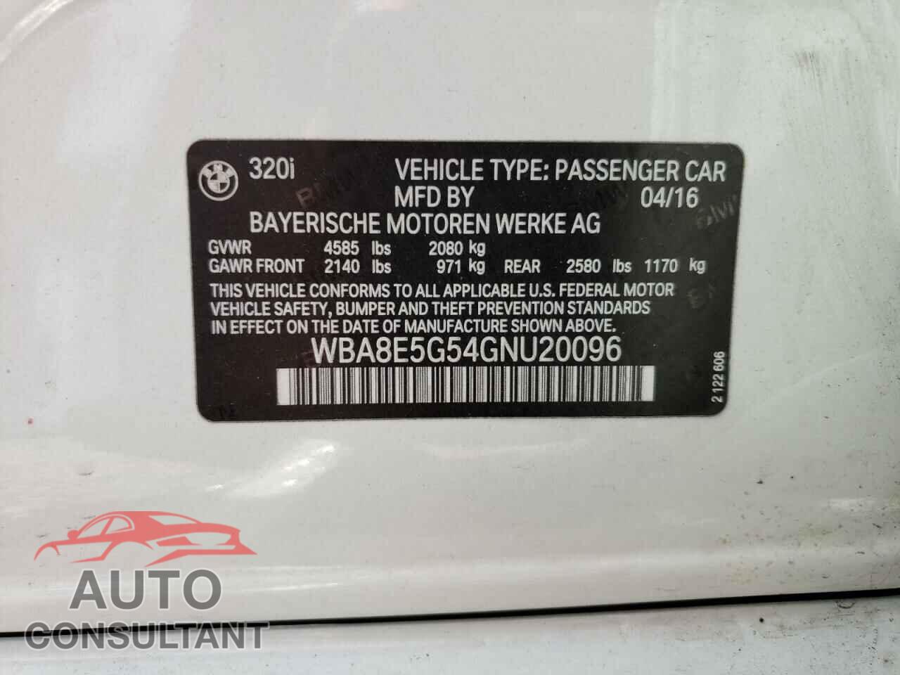 BMW 3 SERIES 2016 - WBA8E5G54GNU20096